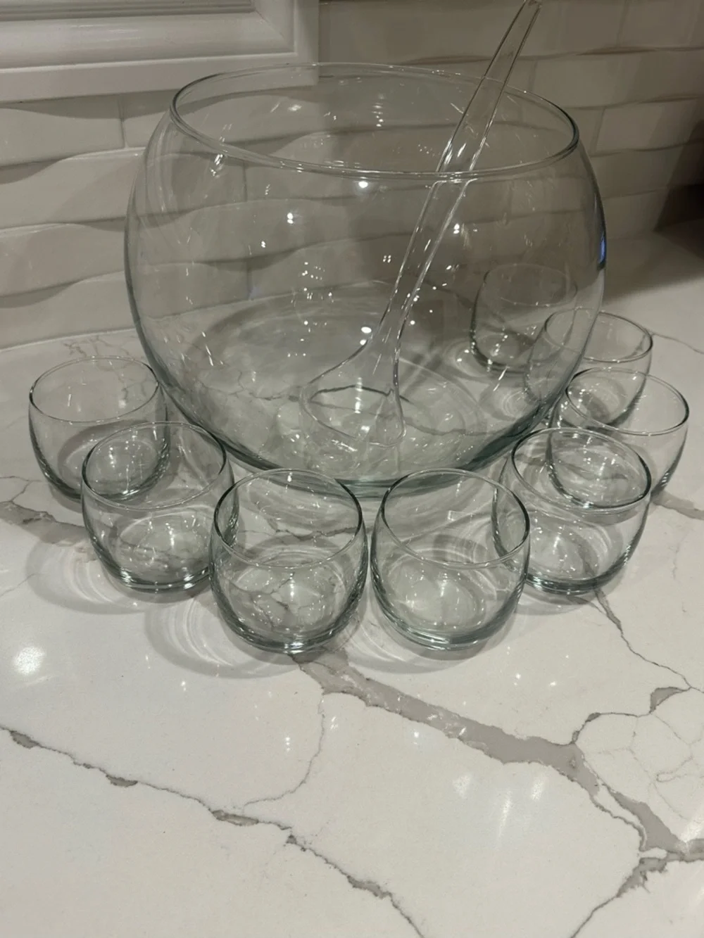Crate & Barrel Clear Glass Punch Bowl Set w/ Ladle & 8 Glass Cups NWOT